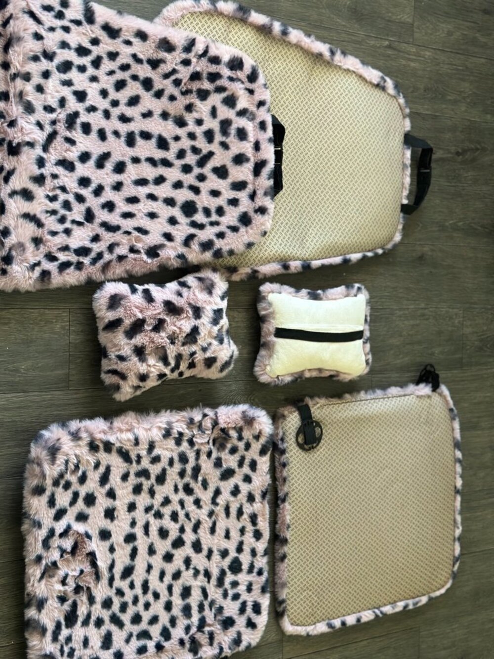 Leopard Print Faux Fur Car Seat Cover Set – Blush Pink, 6 Piece, New